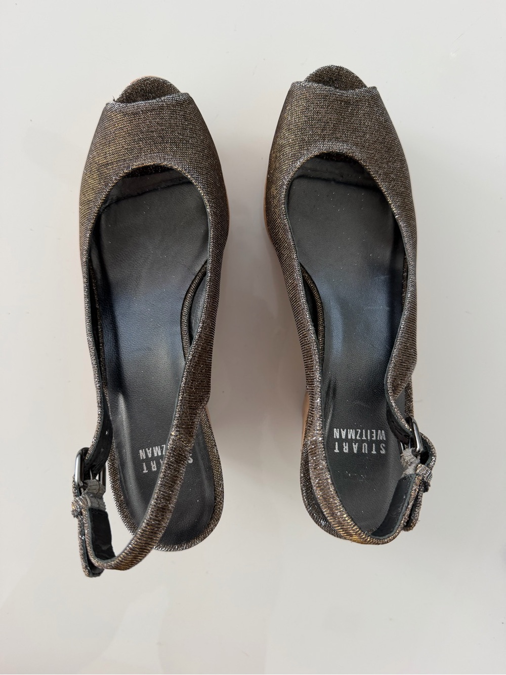 Stuart Weitzman Cork Wedge Slingback Peep Toe Shoes Bronze Metallic Size 7.5M - Picture 2 of 12